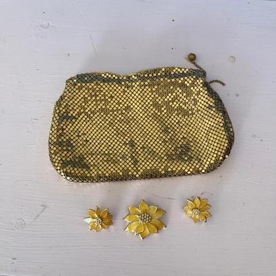 Sale Photo Thumbnail #714: Vintage gold mesh coin purse and set of clip-on earrings with pin/pendant