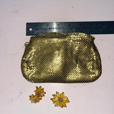 Sale Photo Thumbnail #716: Vintage gold mesh coin purse and set of clip-on earrings with pin/pendant