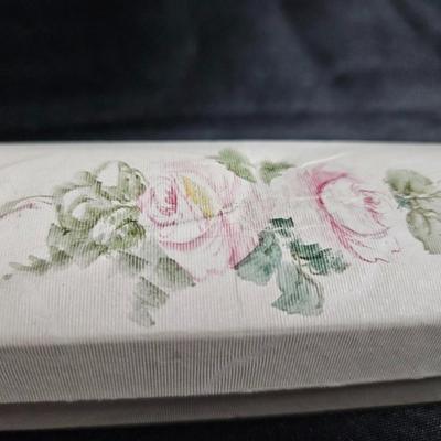 Sale Photo Thumbnail #332: Antique French Hand-Painted Transparent Hand Fan
Description: Floral and vine, in original box
Dimensions: Fan – 8x14, box – 1.5x10x1.5
Damage: Normal wear