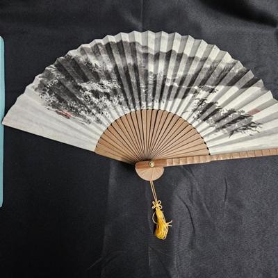 Sale Photo Thumbnail #333: Chinese Hand-Painted Hand Fan
Description: Made of paper and wood, in the original box
Dimensions: Fan – 12x20, Box – 2x12x0.5
Damage: Normal wear