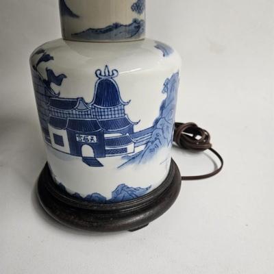Sale Photo Thumbnail #458: Asian Blue & White Table Lamp on Wooden Base with Shade

Dimensions: With shade – 21x19x19
Damage: Normal wear