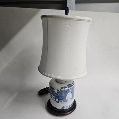 Sale Photo Thumbnail #456: Asian Blue & White Table Lamp on Wooden Base with Shade

Dimensions: With shade – 21x19x19
Damage: Normal wear