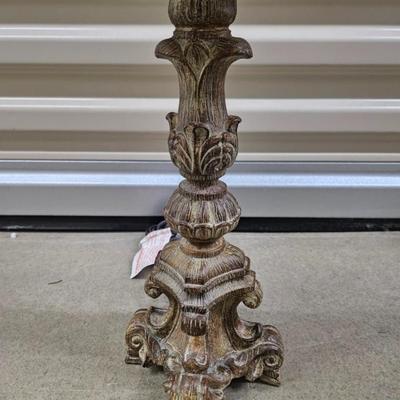 Sale Photo Thumbnail #463: Antique Baroque Style, Wooden Candlestick Holder Table Lamp with Shade 

Dimensions: With Shade – 26x12x12
Damage: Normal wear