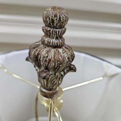 Sale Photo Thumbnail #467: Antique Baroque Style, Wooden Candlestick Holder Table Lamp with Shade 

Dimensions: With Shade – 26x12x12
Damage: Normal wear