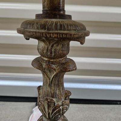 Sale Photo Thumbnail #464: Antique Baroque Style, Wooden Candlestick Holder Table Lamp with Shade 

Dimensions: With Shade – 26x12x12
Damage: Normal wear
