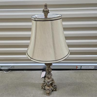 Sale Photo Thumbnail #462: Antique Baroque Style, Wooden Candlestick Holder Table Lamp with Shade 

Dimensions: With Shade – 26x12x12
Damage: Normal wear