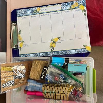 Sale Photo Thumbnail #731: Watercolor paper and other premium paper, several composition notebooks and journals, office supplies in plastic box, clipboard and planners