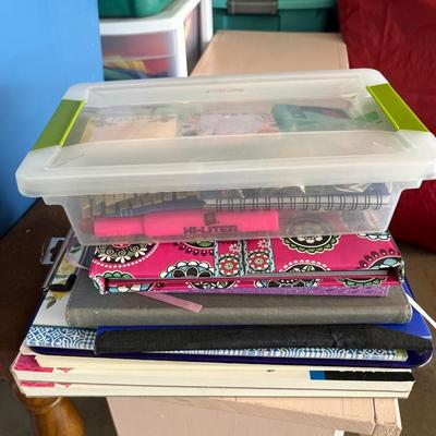Sale Photo Thumbnail #732: Watercolor paper and other premium paper, several composition notebooks and journals, office supplies in plastic box, clipboard and planners