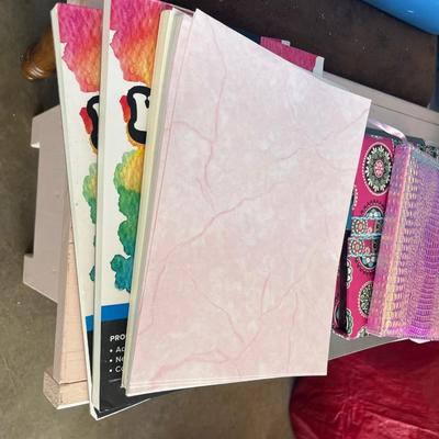 Sale Photo Thumbnail #728: Watercolor paper and other premium paper, several composition notebooks and journals, office supplies in plastic box, clipboard and planners