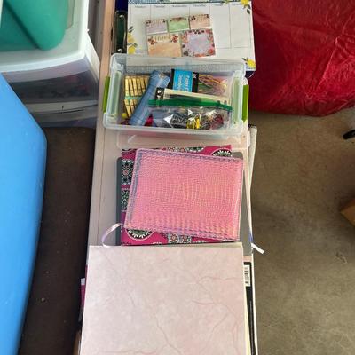 Sale Photo Thumbnail #727: Watercolor paper and other premium paper, several composition notebooks and journals, office supplies in plastic box, clipboard and planners