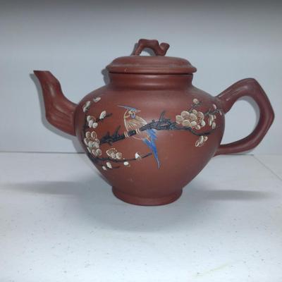 Chinese Pottery Tea Pot- Possibly Yixing Zisha- Bird and Blossom Design- Approx 5 1/4" Tall