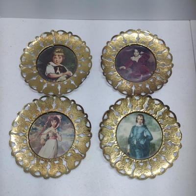 English Metal Picture Frames with Vintage Prints- Four Pieces- Approx 4 3/4" in Diameter