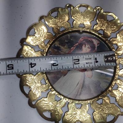 English Metal Picture Frames with Vintage Prints- Four Pieces- Approx 4 3/4" in Diameter