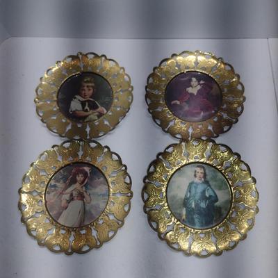 English Metal Picture Frames with Vintage Prints- Four Pieces- Approx 4 3/4" in Diameter