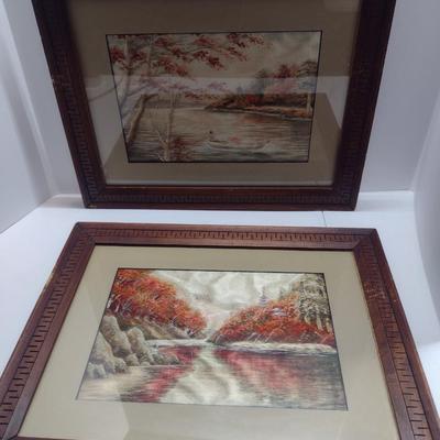 Pair of Framed Hand Made Needlework Landscape Design Hangings- Approx 17 3/4" x 14"