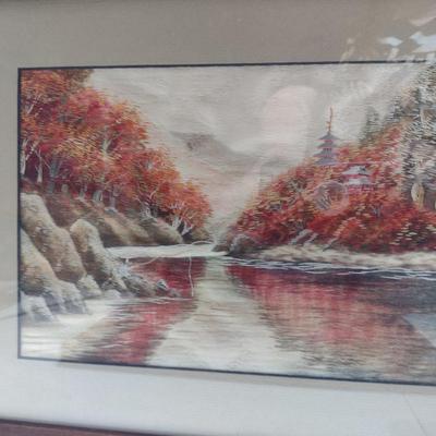 Pair of Framed Hand Made Needlework Landscape Design Hangings- Approx 17 3/4" x 14"