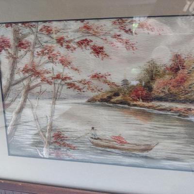 Pair of Framed Hand Made Needlework Landscape Design Hangings- Approx 17 3/4" x 14"