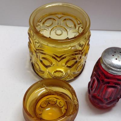 Collection of Amber and Amberina Glass- LE Smith Moon and Stars- Two Canisters and Salt & Pepper Shakers