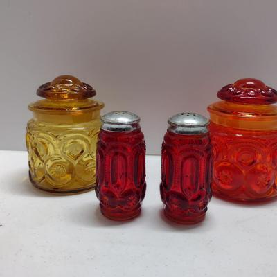 Collection of Amber and Amberina Glass- LE Smith Moon and Stars- Two Canisters and Salt & Pepper Shakers