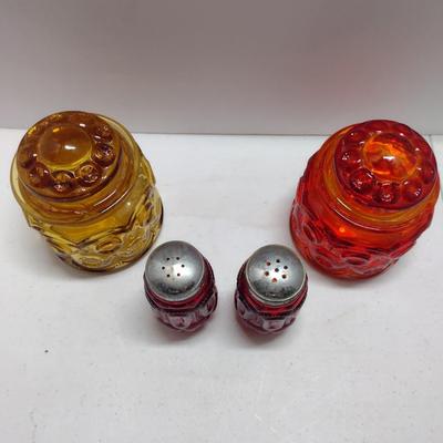 Collection of Amber and Amberina Glass- LE Smith Moon and Stars- Two Canisters and Salt & Pepper Shakers