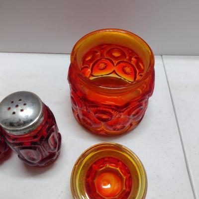 Collection of Amber and Amberina Glass- LE Smith Moon and Stars- Two Canisters and Salt & Pepper Shakers