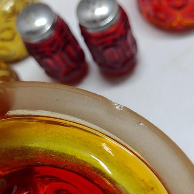 Collection of Amber and Amberina Glass- LE Smith Moon and Stars- Two Canisters and Salt & Pepper Shakers