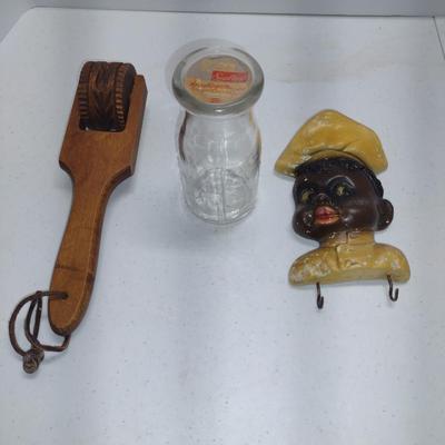 Collection of Vintage Home Decor- Chalkware Hook, Milk Bottle, Cookie Roller