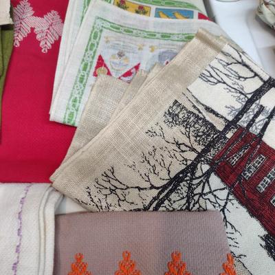 Collection of Kitchen and Table Linens- Calendar and Souvenir Towels, Embroidered Hand Towels
