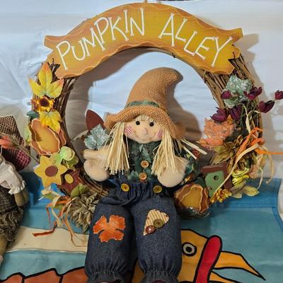 Thanksgiving & Harvest Decor Lot – Scarecrows, Faux Fruit, Pumpkin Alley Sign, & More!