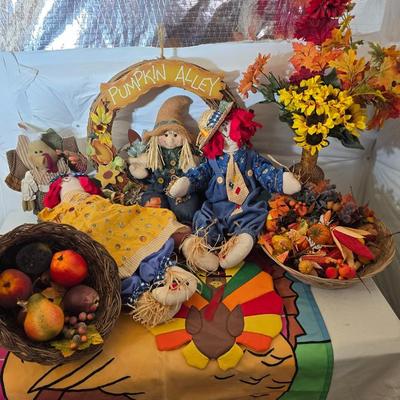 Thanksgiving & Harvest Decor Lot – Scarecrows, Faux Fruit, Pumpkin Alley Sign, & More!