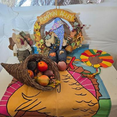 Thanksgiving & Harvest Decor Lot – Scarecrows, Faux Fruit, Pumpkin Alley Sign, & More!