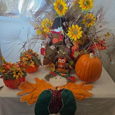 Fall Harvest Welcome Display Lot – Scarecrow on straw bale, Pumpkins, Florals & More