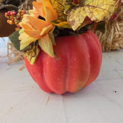 Fall Harvest Welcome Display Lot – Scarecrow on straw bale, Pumpkins, Florals & More