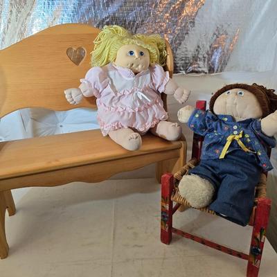 Vintage Cabbage Patch like Kids Plush Dolls with Wooden Doll Bench & Mini Rocker Chair