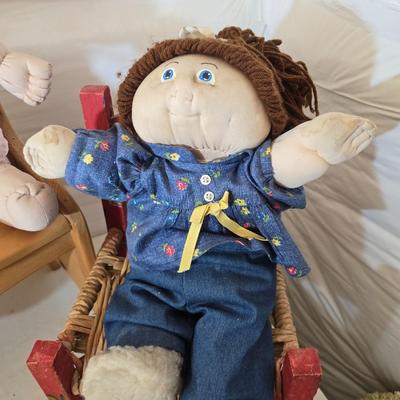 Vintage Cabbage Patch like Kids Plush Dolls with Wooden Doll Bench & Mini Rocker Chair