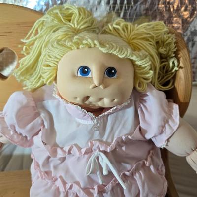 Vintage Cabbage Patch like Kids Plush Dolls with Wooden Doll Bench & Mini Rocker Chair