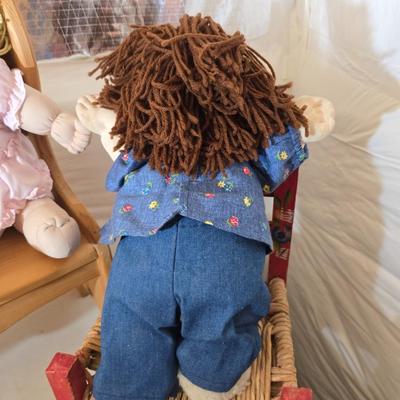 Vintage Cabbage Patch like Kids Plush Dolls with Wooden Doll Bench & Mini Rocker Chair