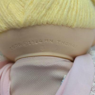 Vintage Cabbage Patch like Kids Plush Dolls with Wooden Doll Bench & Mini Rocker Chair