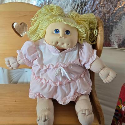 Vintage Cabbage Patch like Kids Plush Dolls with Wooden Doll Bench & Mini Rocker Chair