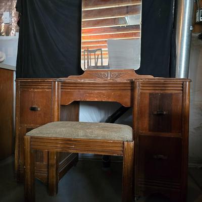 Vintage Art Deco Vanity with Mirror & Upholstered Stool – Waterfall Style