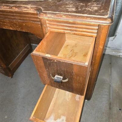 Vintage Art Deco Vanity with Mirror & Upholstered Stool – Waterfall Style