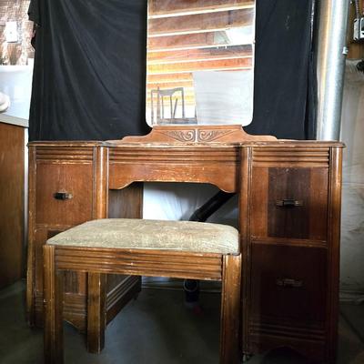 Vintage Art Deco Vanity with Mirror & Upholstered Stool – Waterfall Style