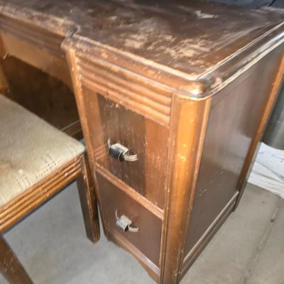 Vintage Art Deco Vanity with Mirror & Upholstered Stool – Waterfall Style