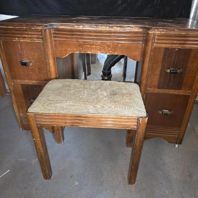 Vintage Art Deco Vanity with Mirror & Upholstered Stool – Waterfall Style