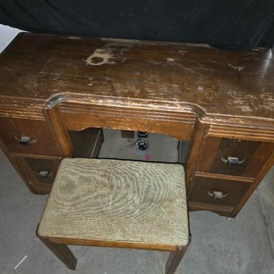 Vintage Art Deco Vanity with Mirror & Upholstered Stool – Waterfall Style