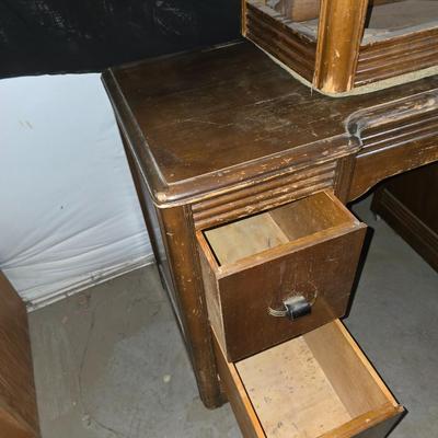 Vintage Art Deco Vanity with Mirror & Upholstered Stool – Waterfall Style