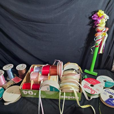 Large Ribbon Lot – Satin, Grosgrain, Lace & Curling Ribbon + Display Stand (40+ Spools!)