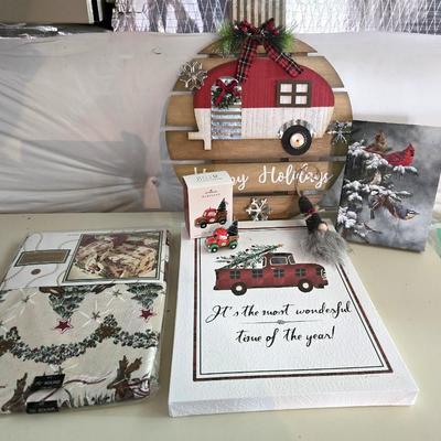 Rustic Holiday Decor Lot – Camper Sign, Plaid Accents, Gnome & More