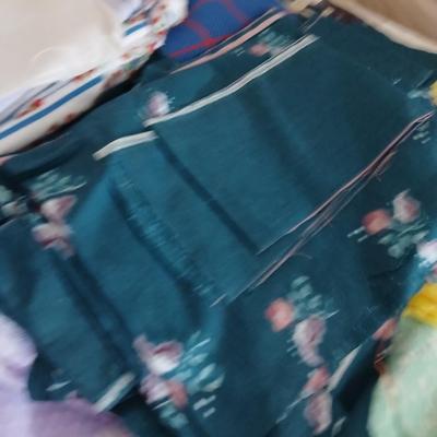 Large Lot of Assorted Cotton & Craft Fabrics – Novelty Prints, Yardage, Panels + Pattern Board in a storage tote