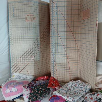 Large Lot of Assorted Cotton & Craft Fabrics – Novelty Prints, Yardage, Panels + Pattern Board in a storage tote